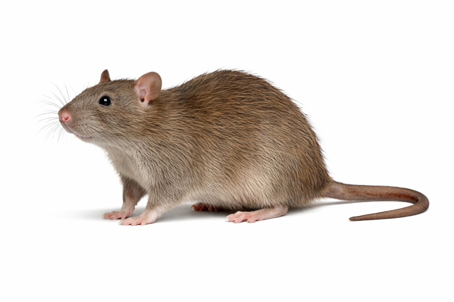 Brown rat with long tail, standing on a white surface, looking left.