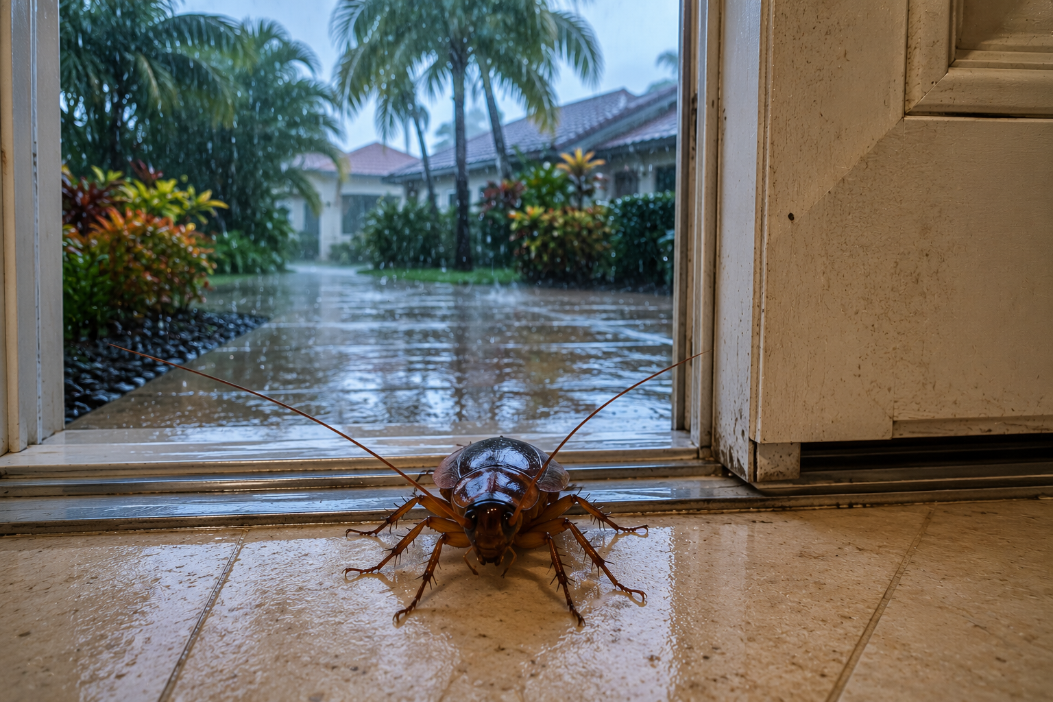American cockroach entering a South Florida home during heavy rain