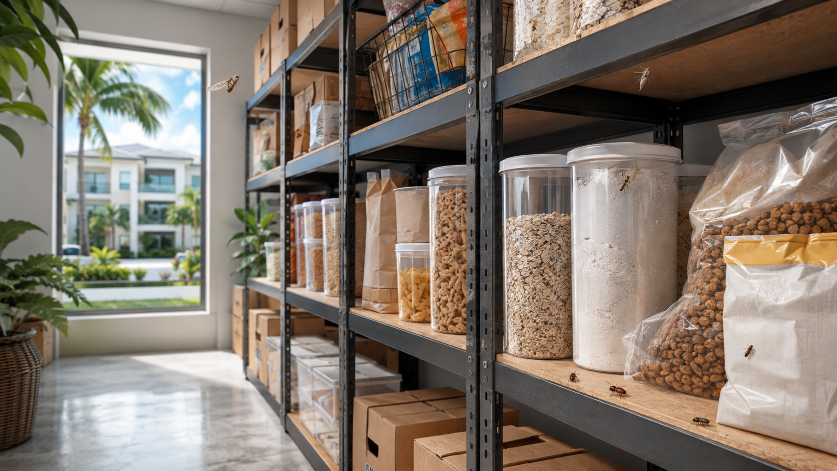 Pantry pests in a shared apartment storage area.