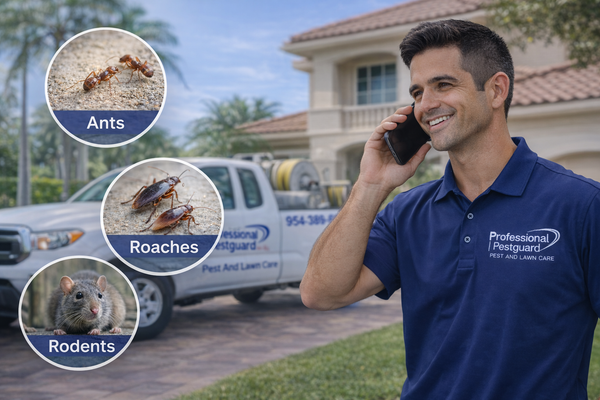 Man on phone in front of a pest control truck. Circular inset images show ants, roaches, and a rodent.