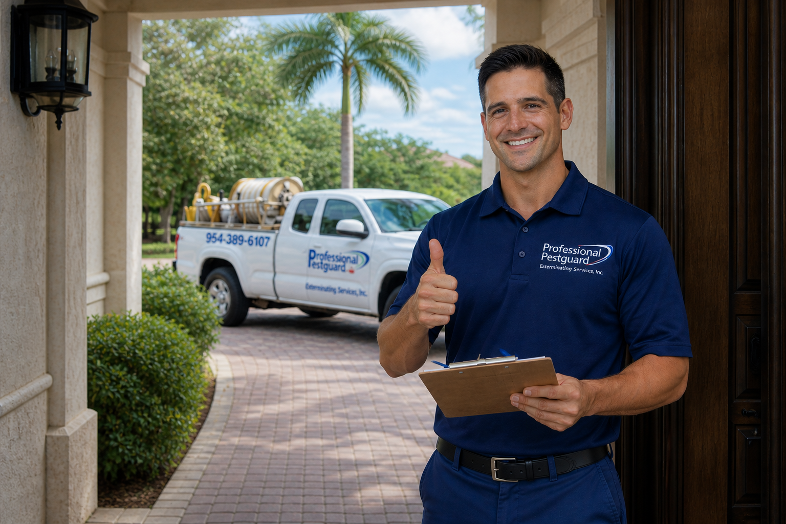 Smiling courier in blue shirt holding clipboard and giving thumbs-up at a house doorway, with service truck outside