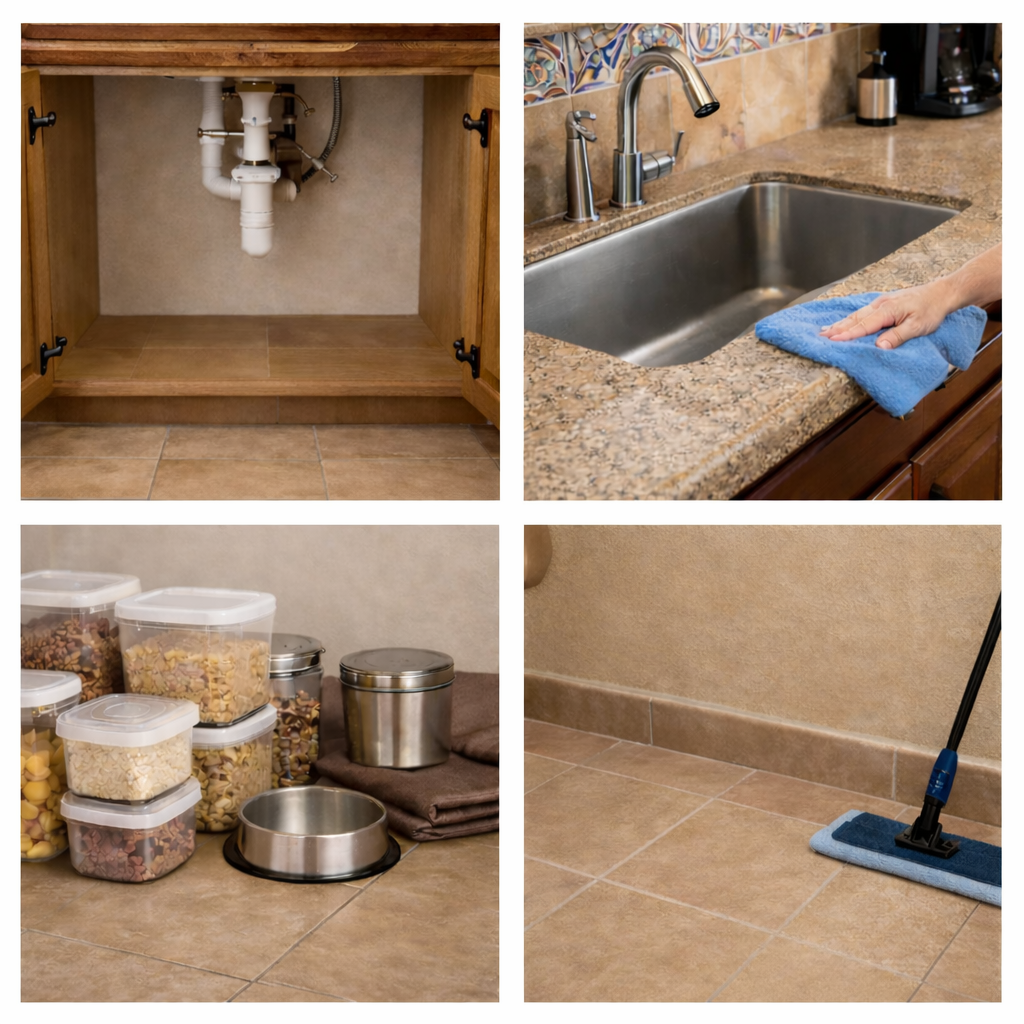 Kitchen cleaning: Under-sink, sink with hand wiping, pantry storage, mopping tile floor.