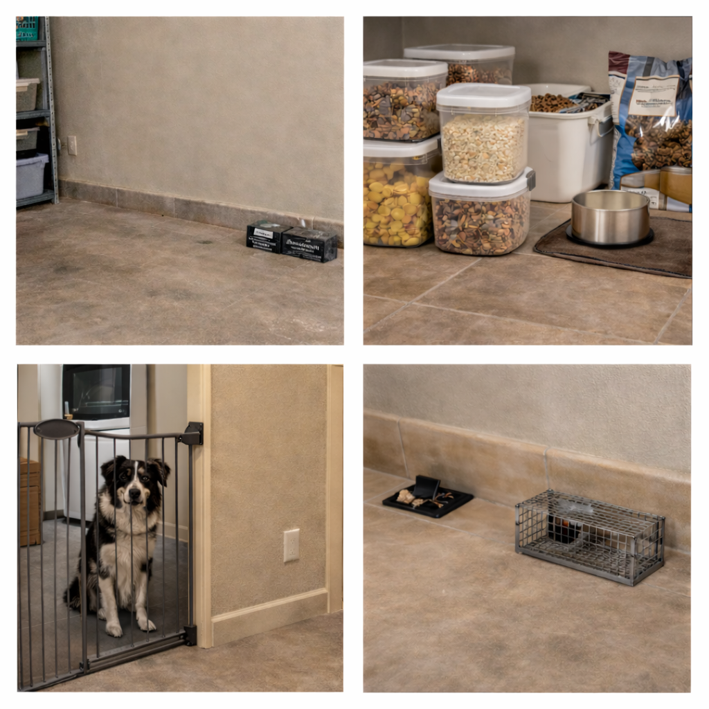 A dog behind a baby gate, pet supplies, and a live animal trap set on a concrete floor.