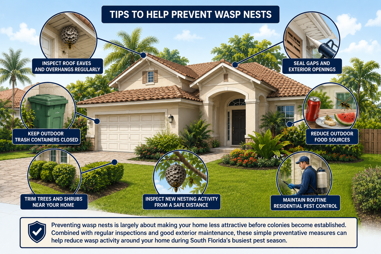 Illustrated guide showing how to help prevent wasp nests around South Florida homes