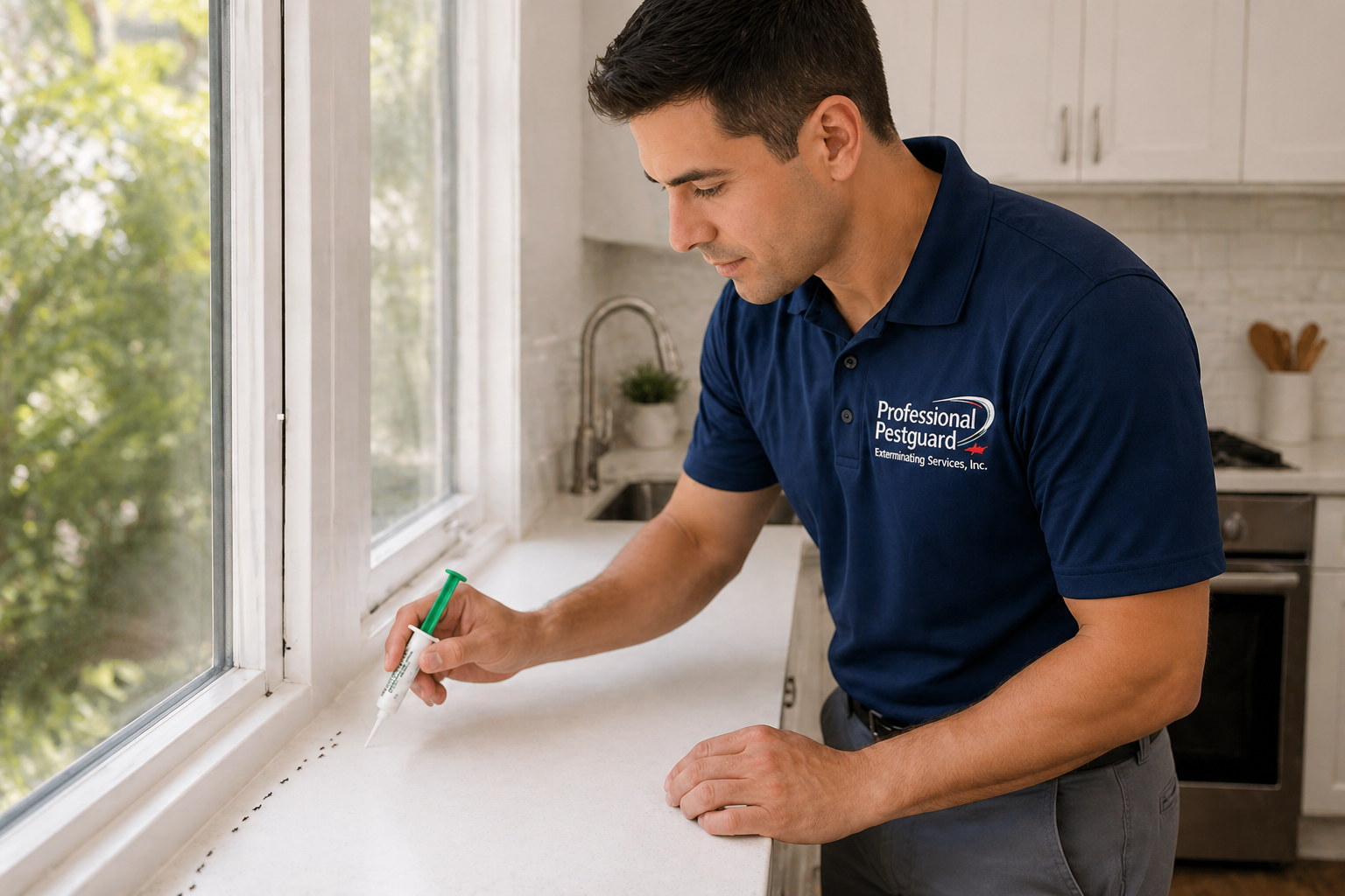 Ant control technician in Weston Florida applying gel bait along a kitchen windowsill to eliminate an indoor ant infestation