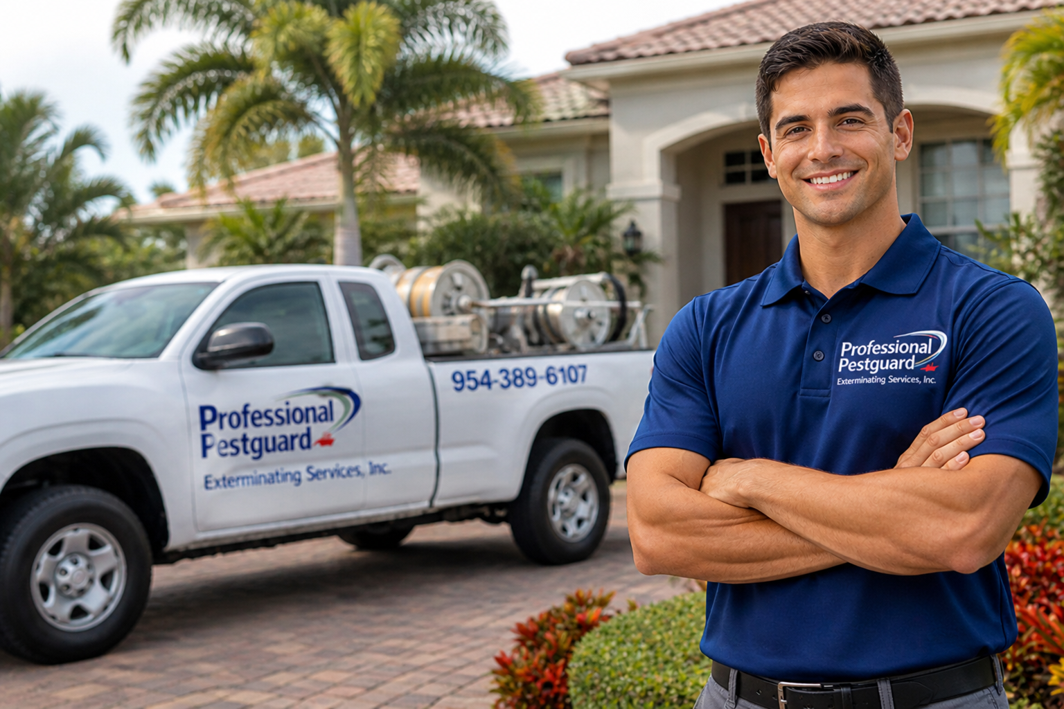 Ant control technician providing residential pest control service in Weston FL home exterior