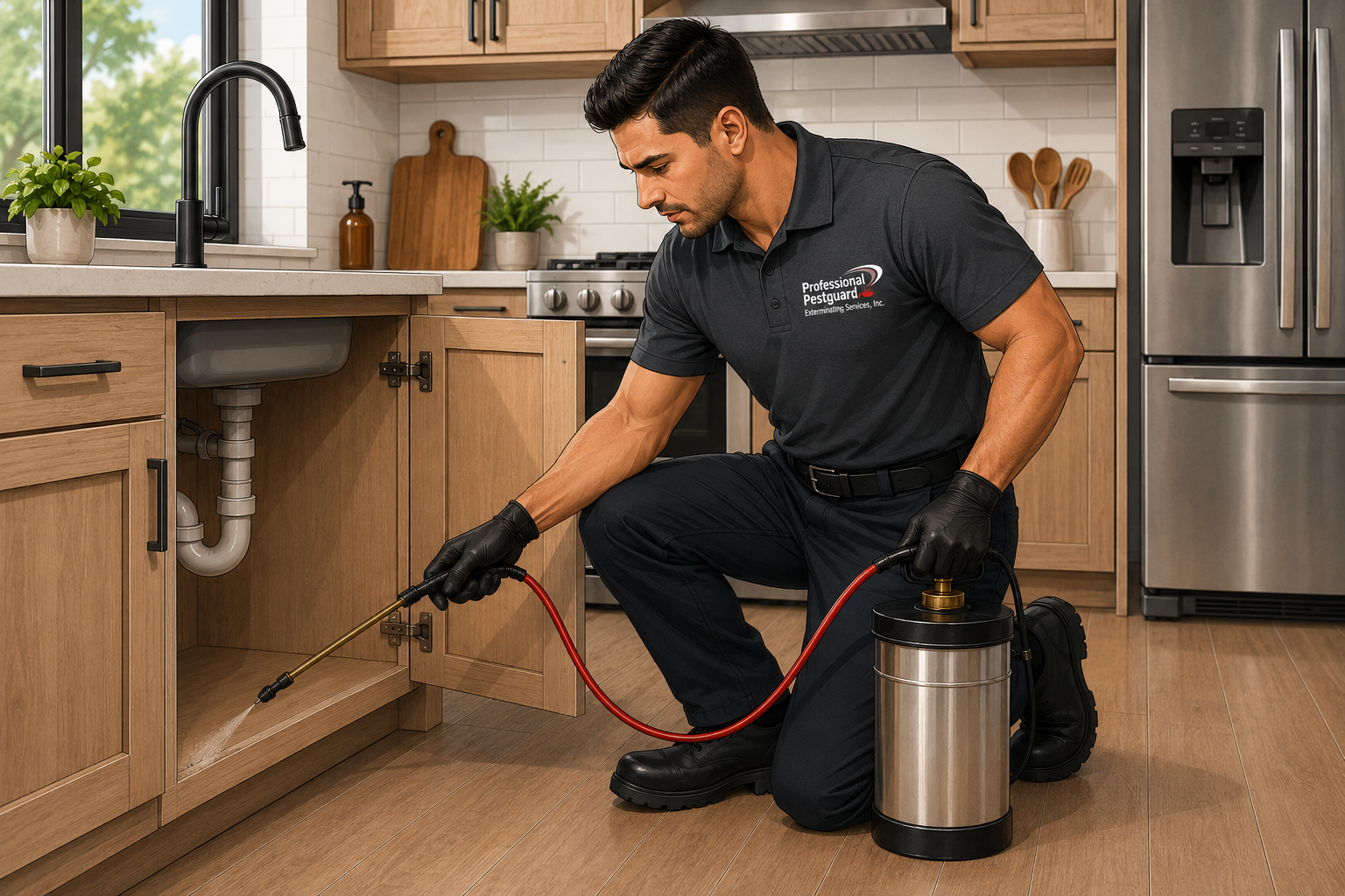 Professional Pestguard technician applying cockroach treatment beneath a kitchen sink cabinet