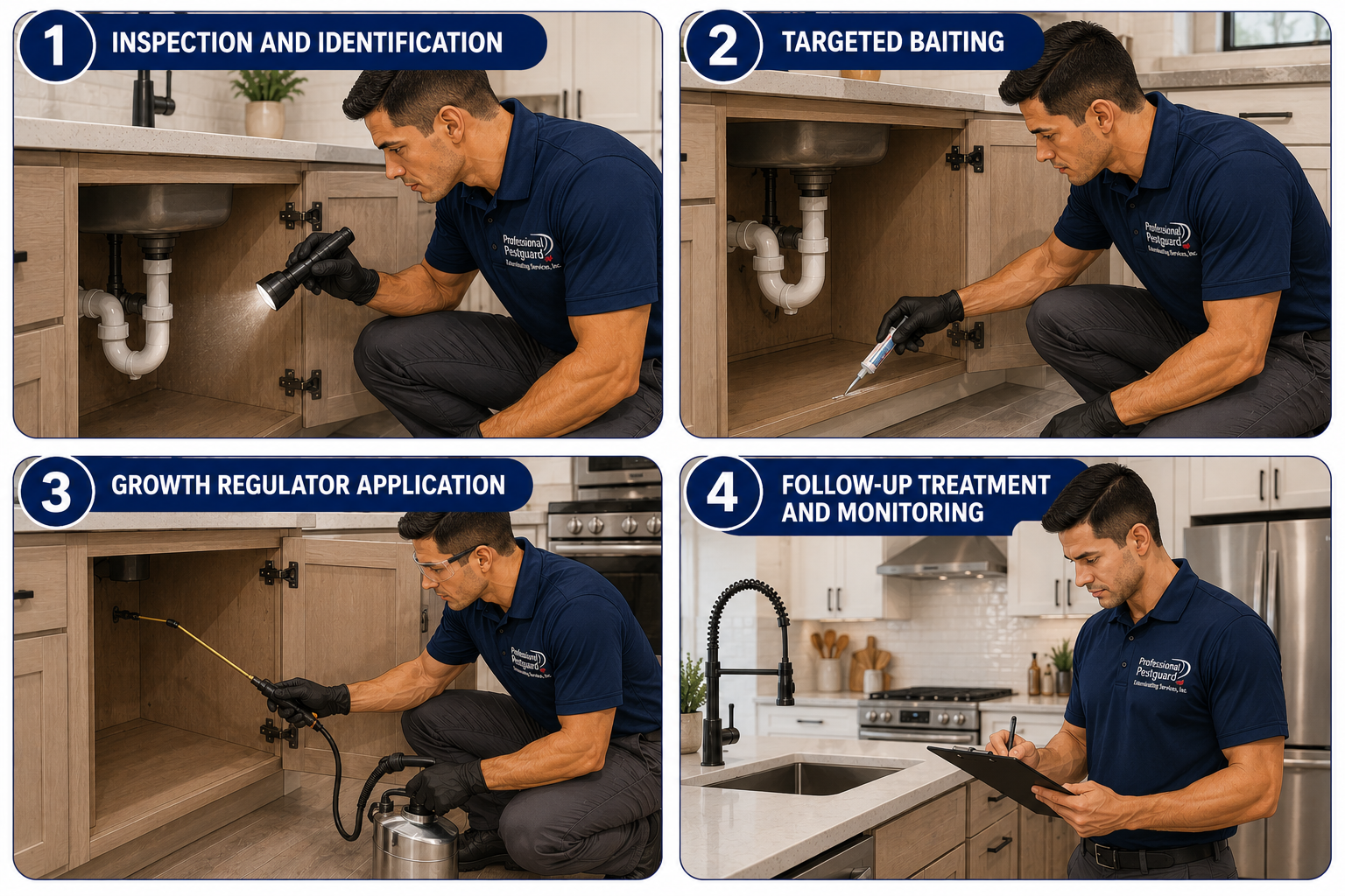 Professional German roach treatment process with inspection, baiting, and monitoring

