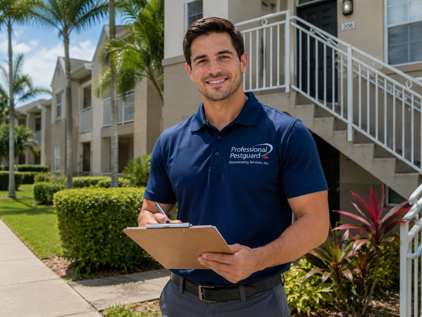 Professional Pestguard technician standing outside a South Florida apartment building during a pest control inspection.