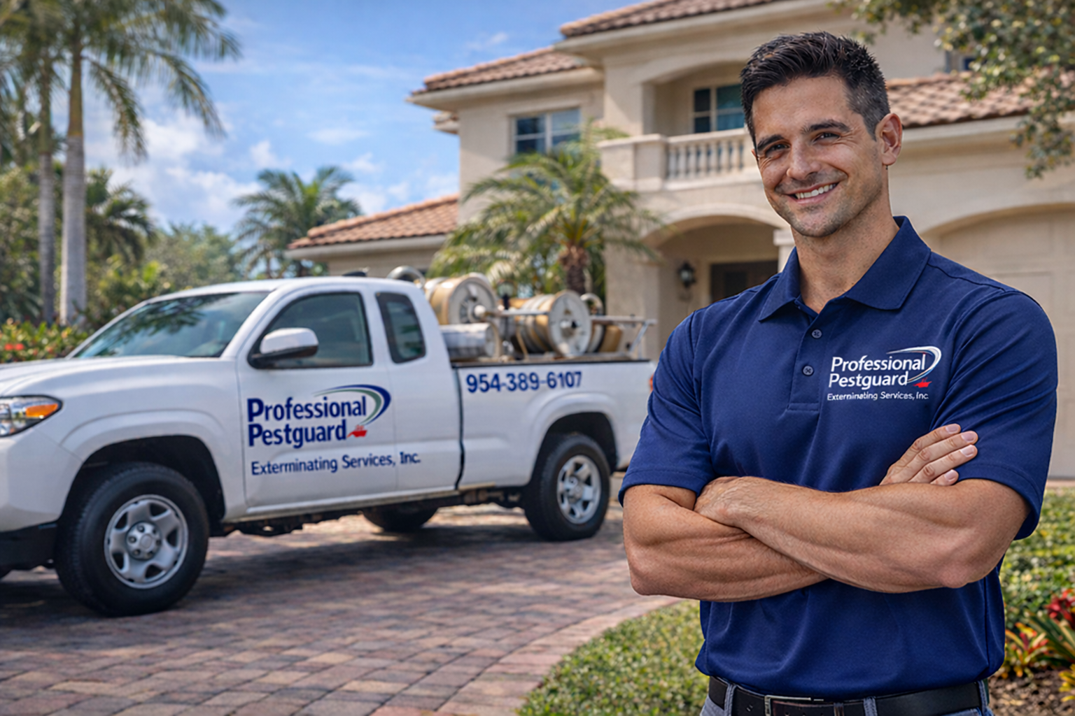 Smiling man in navy polo stands beside a white service truck in a driveway.