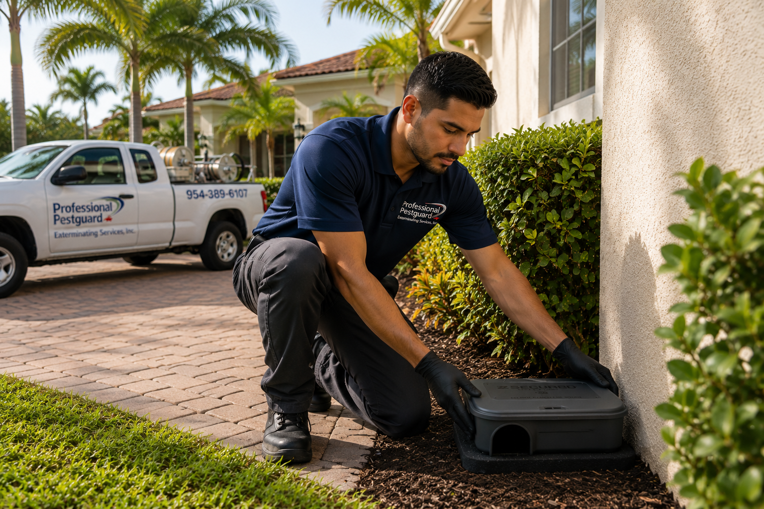 Rodent control technician placing a bait station outside a South Florida home.