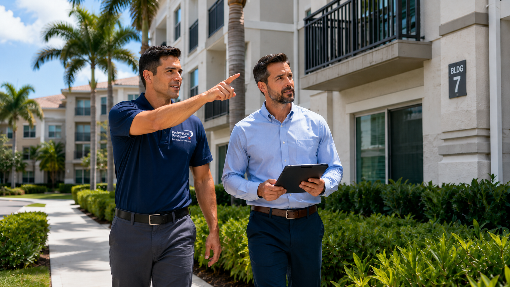 Property manager walking a South Florida apartment community with a commercial pest control technici
