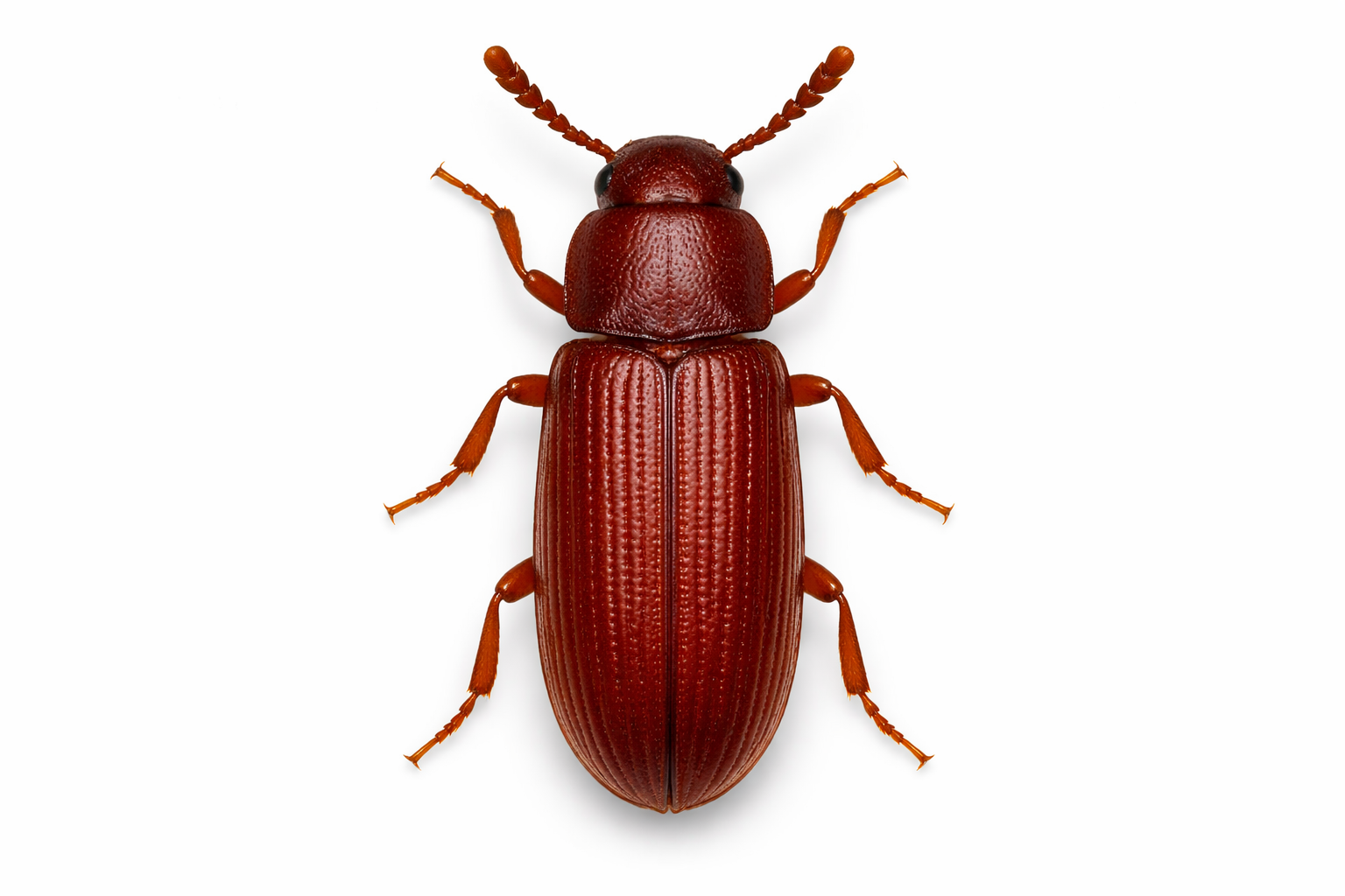 Small, reddish-brown beetle on a white background, with antennae and visible segmented body.