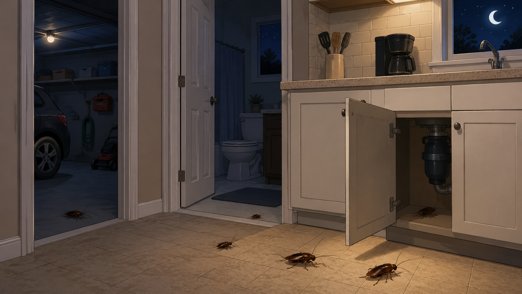 Cockroaches active at night inside South Florida home near kitchen and bathroom areas
