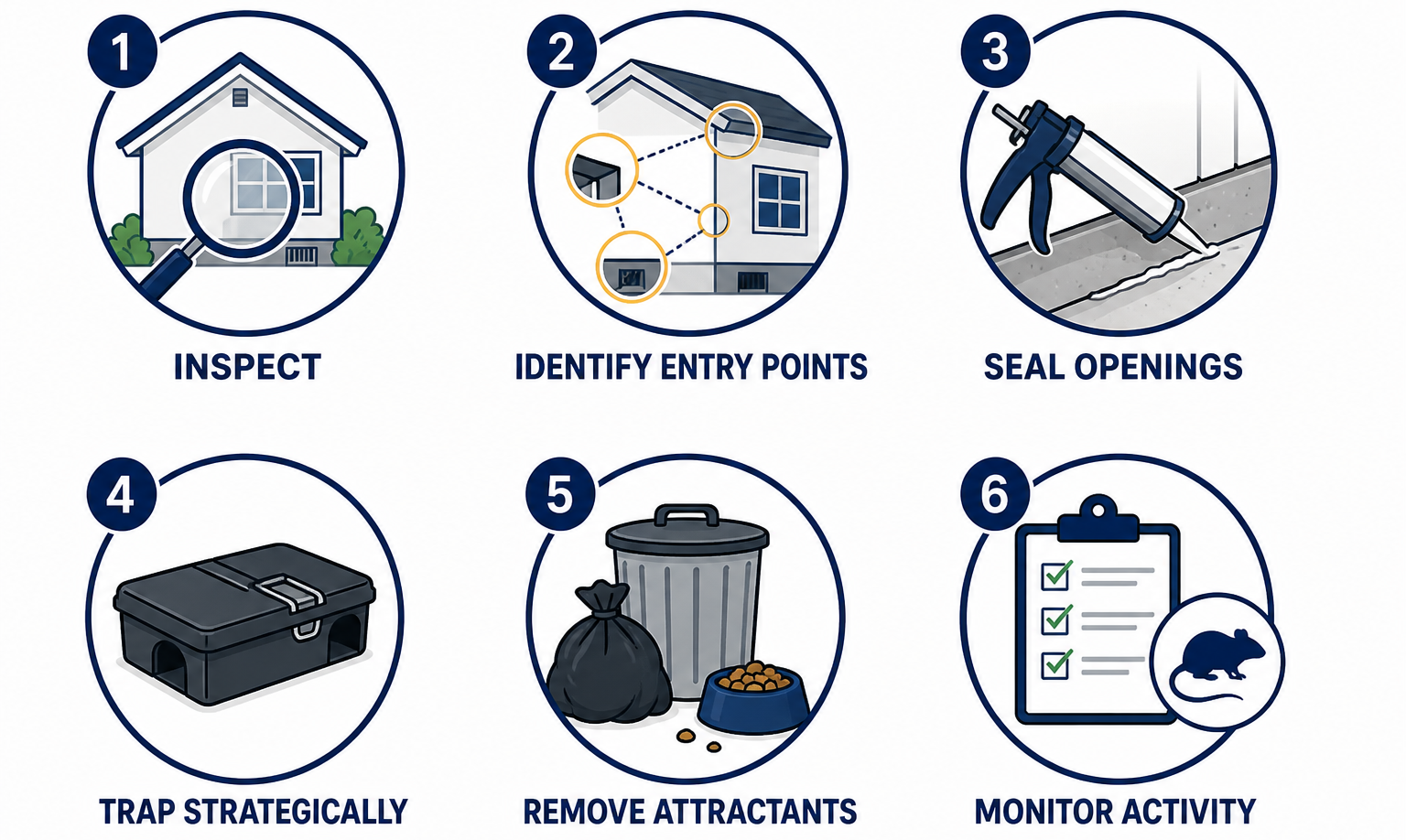 Effective rodent control steps including inspection, sealing entry points, trapping, and monitoring