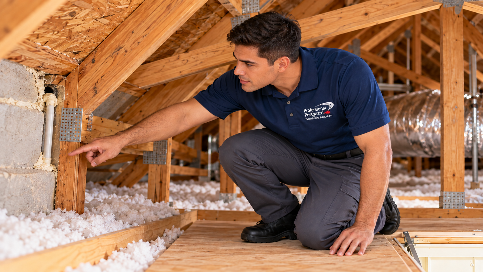 Professional Pestguard technician inspecting a potential rodent entry point in a Weston home’s attic
