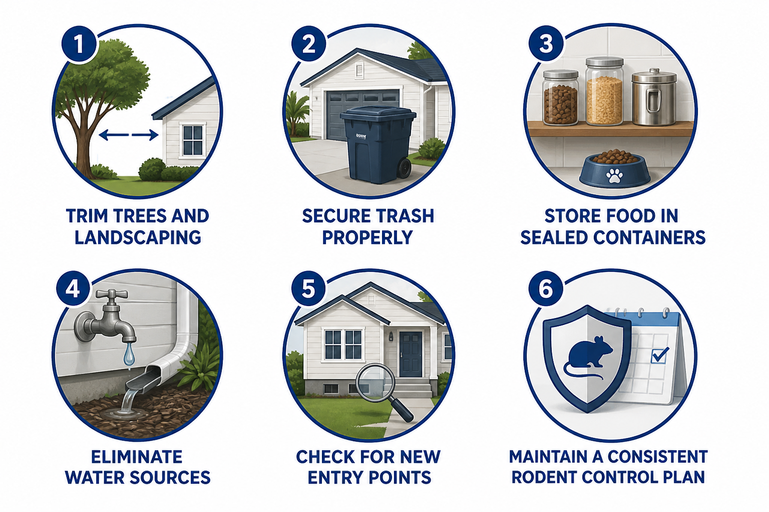 Rodent prevention tips including sealing food, trimming trees, and checking entry points