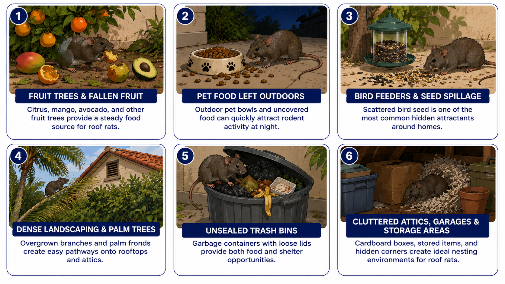 Common things that attract roof rats to homes.