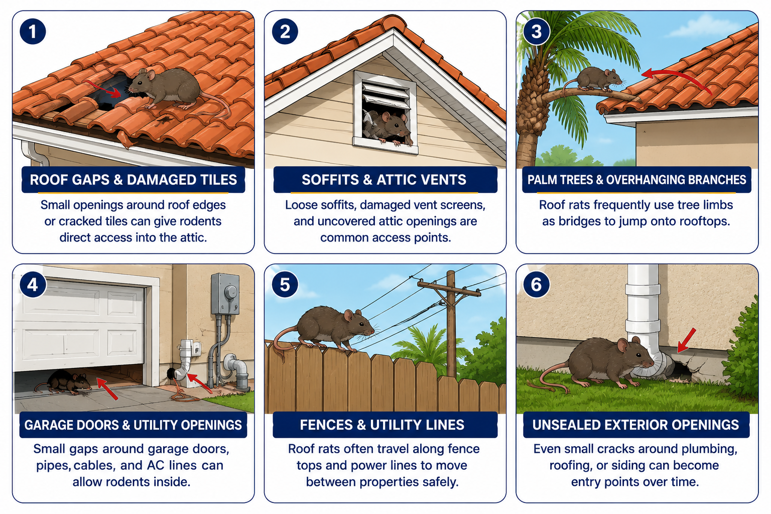 Common roof rat entry points around South Florida homes.
