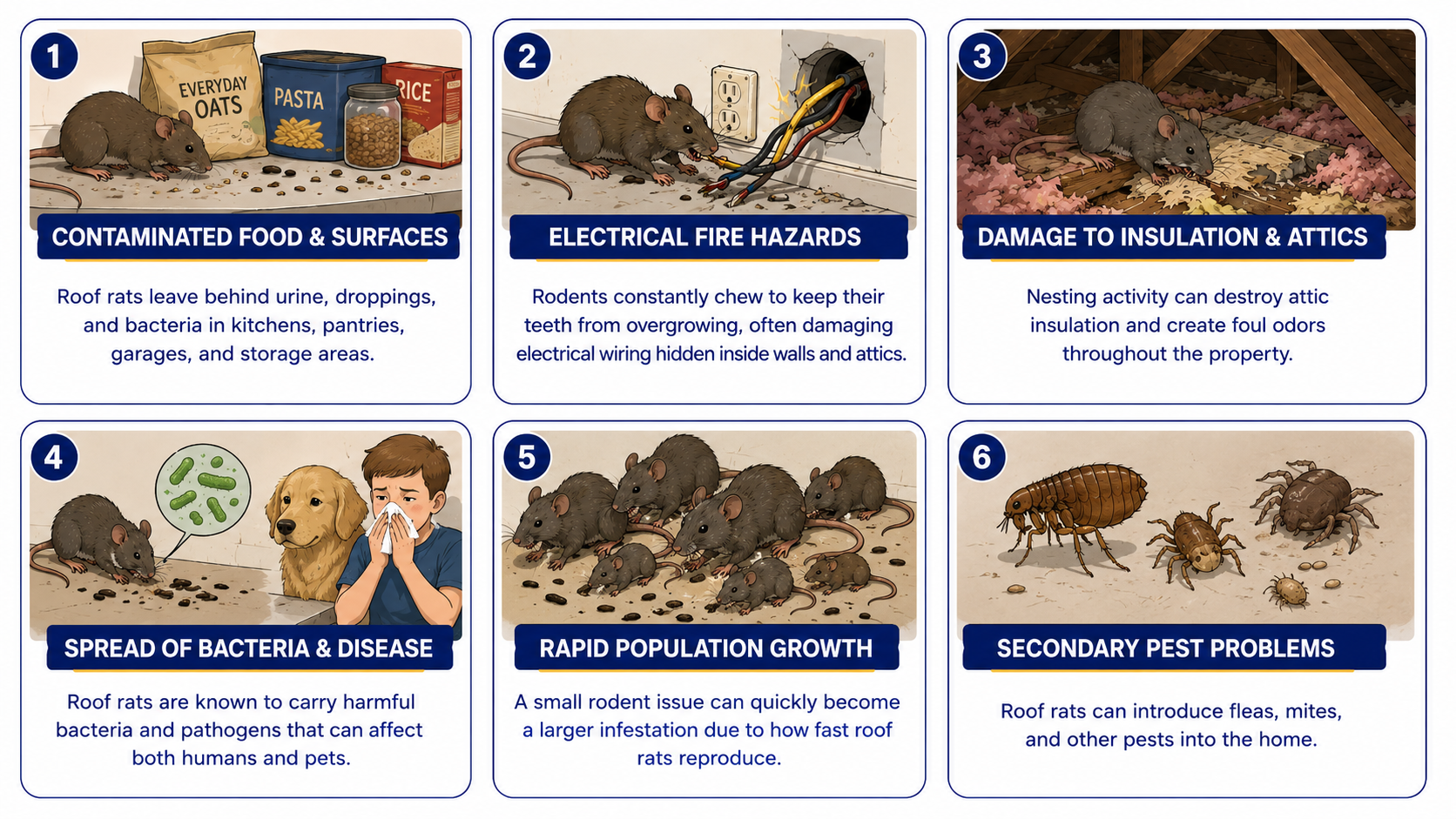 Infographic showing the dangers of a roof rat infestation in South Florida homes.
