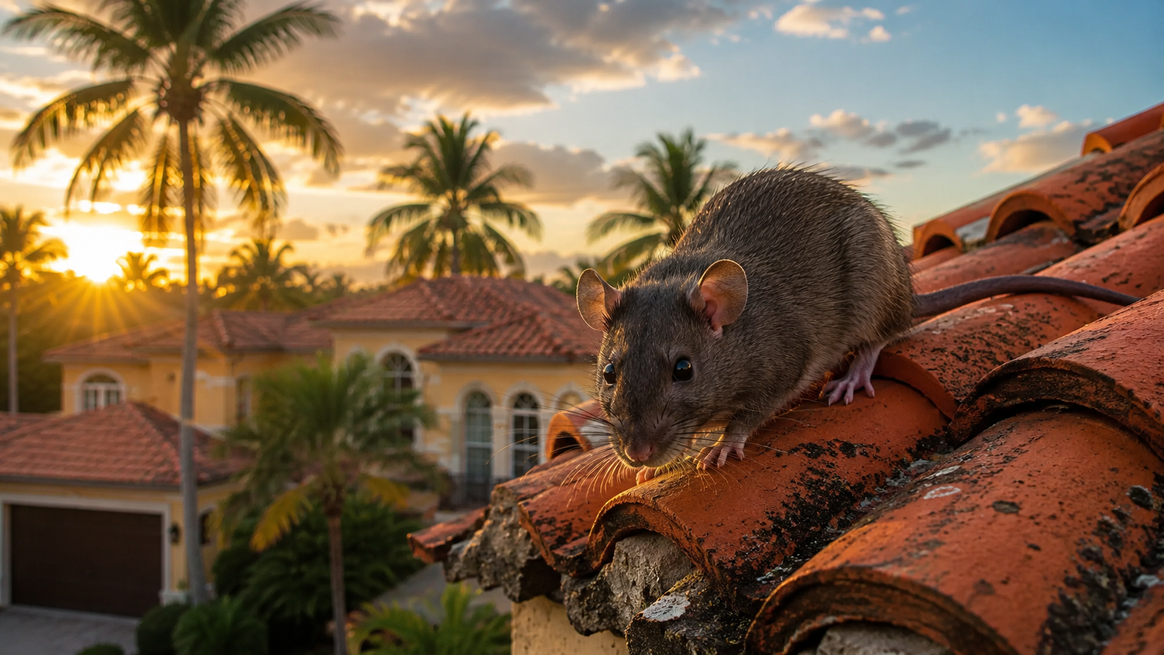 Roof rat walking across a tile roof on a South Florida home surrounded by palm trees.
