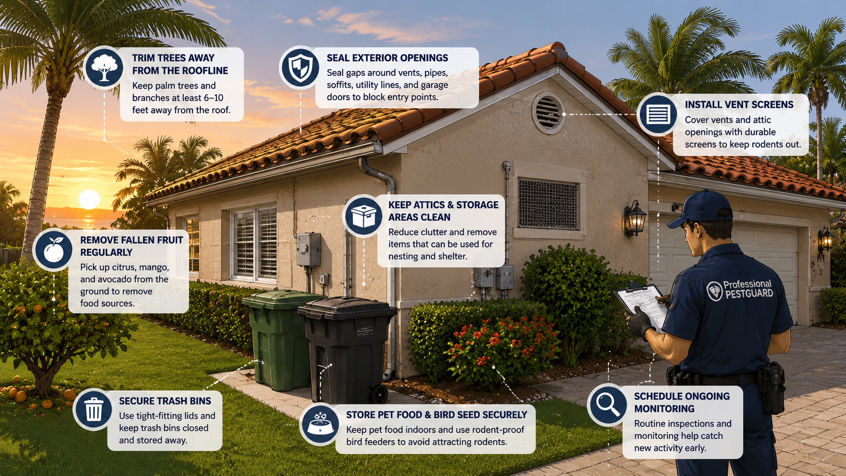 Illustration showing roof rat prevention tips around a South Florida home.