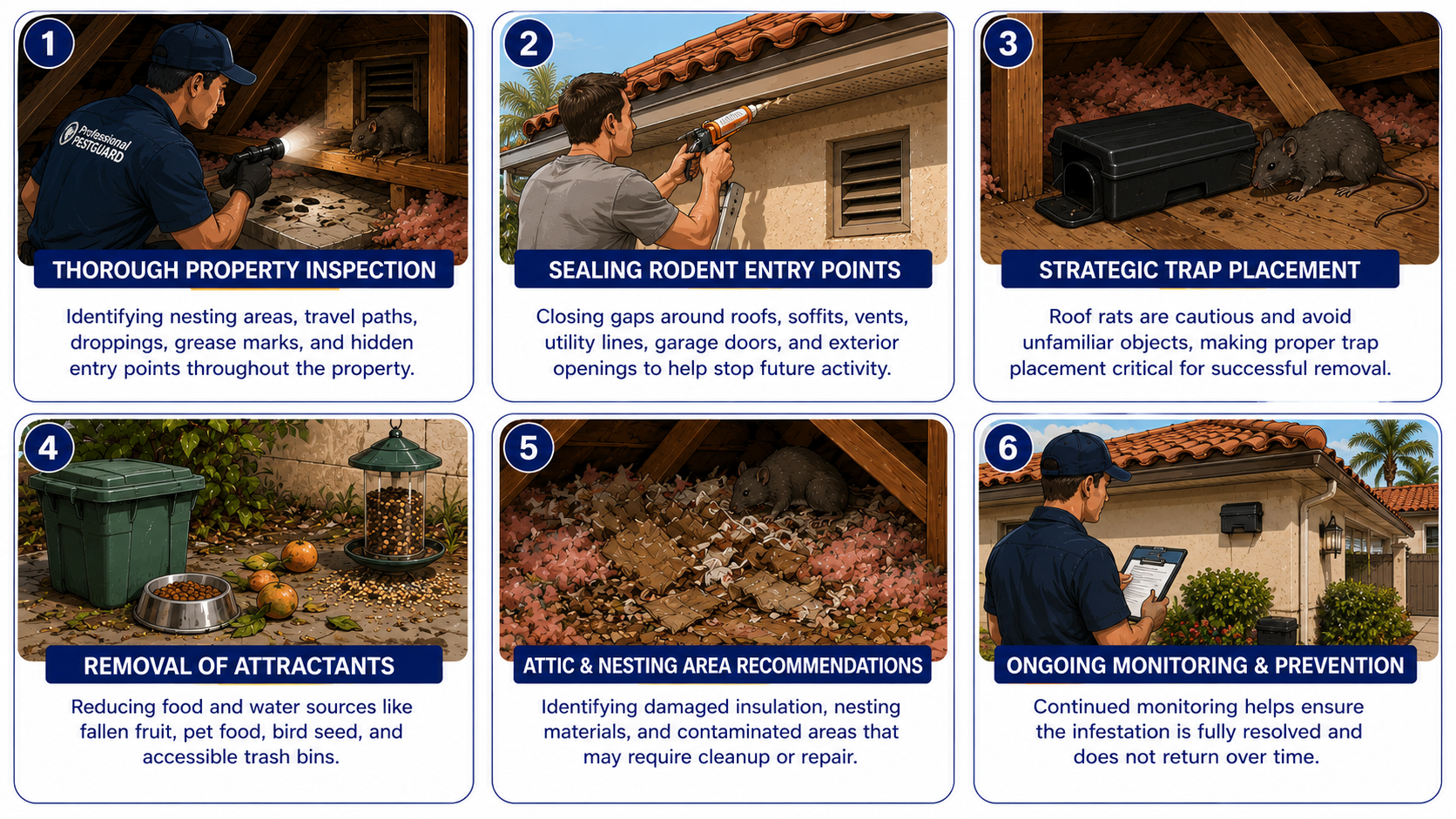 Professional roof rat removal and prevention process infographic.