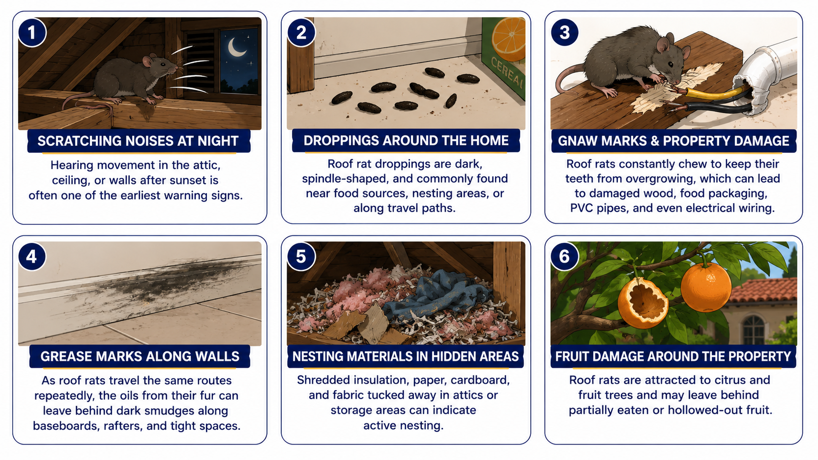 Common warning signs of roof rats in South Florida homes.