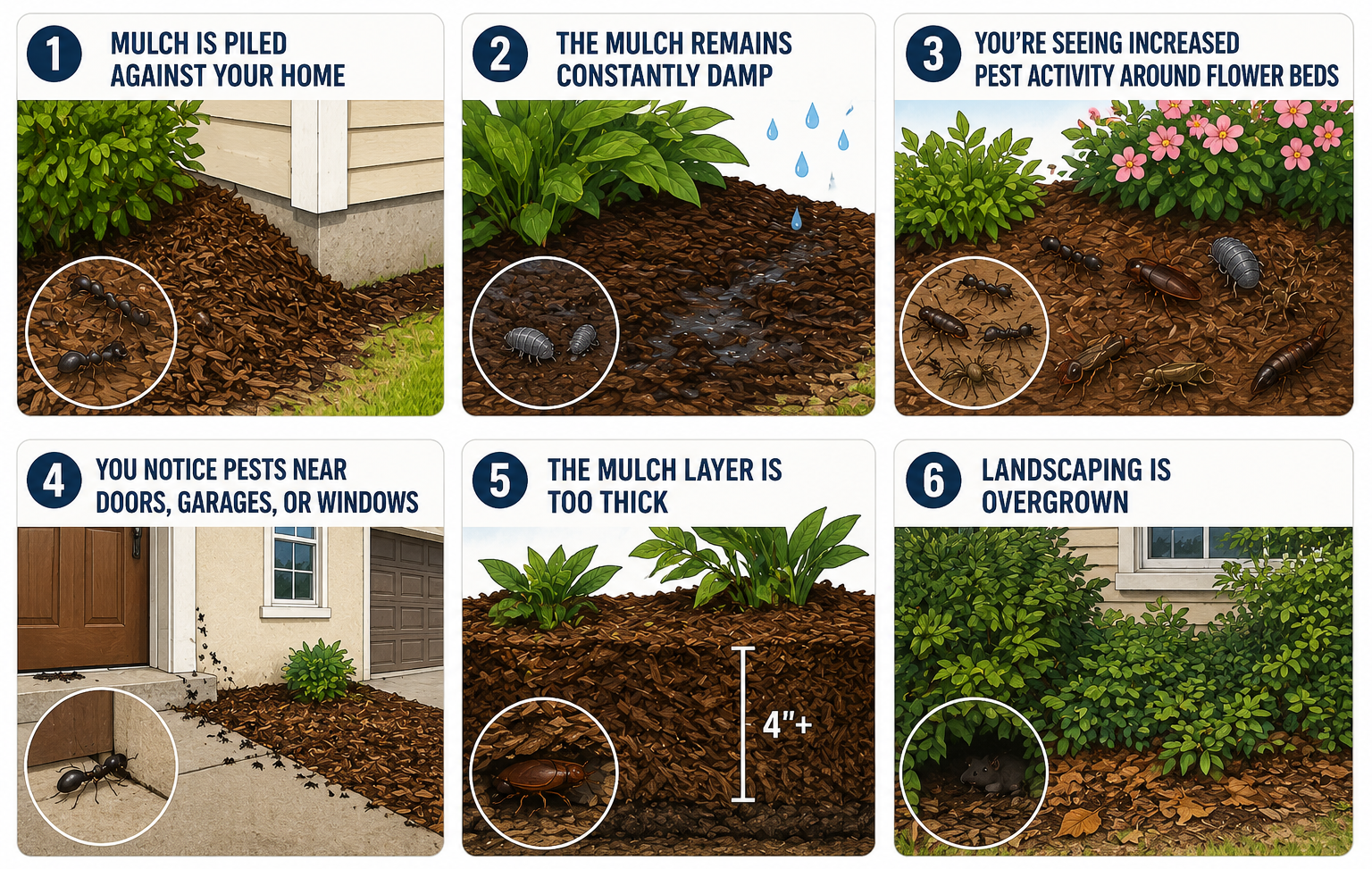 Illustration showing signs mulch may be attracting pests around a home