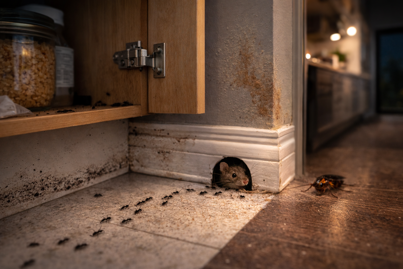 Signs of pest infestation including ants, rodents, and cockroaches
