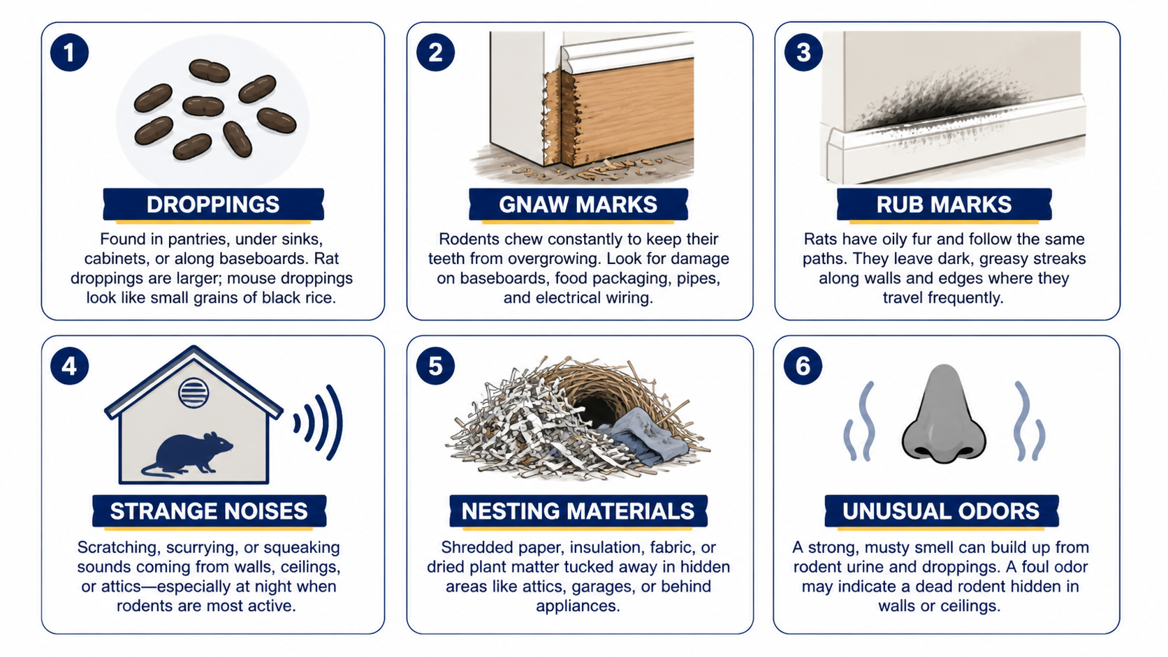 Common signs of rodent infestation including droppings, gnaw marks, nesting, and odors