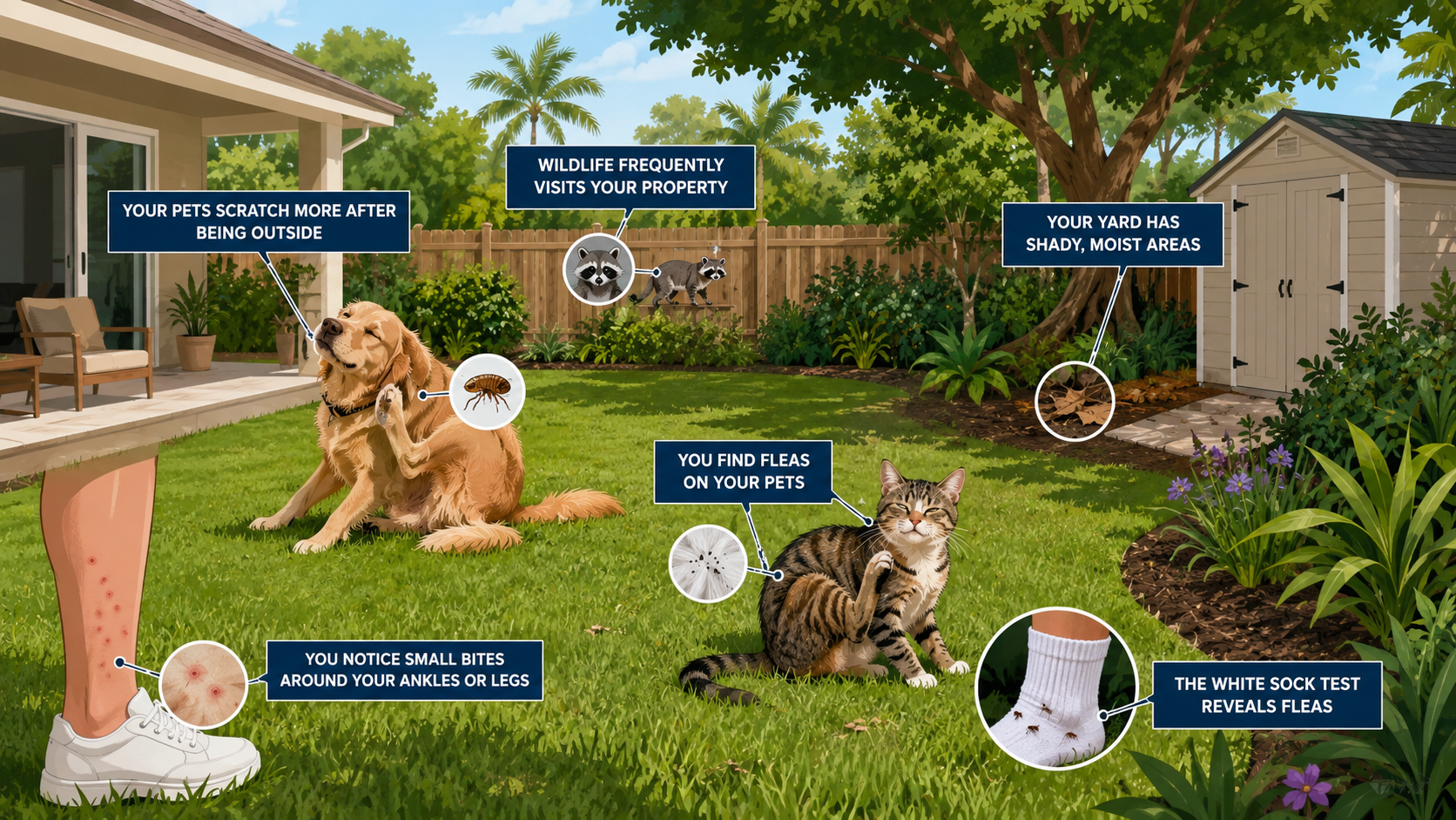 Illustration showing common signs of fleas in a South Florida yard