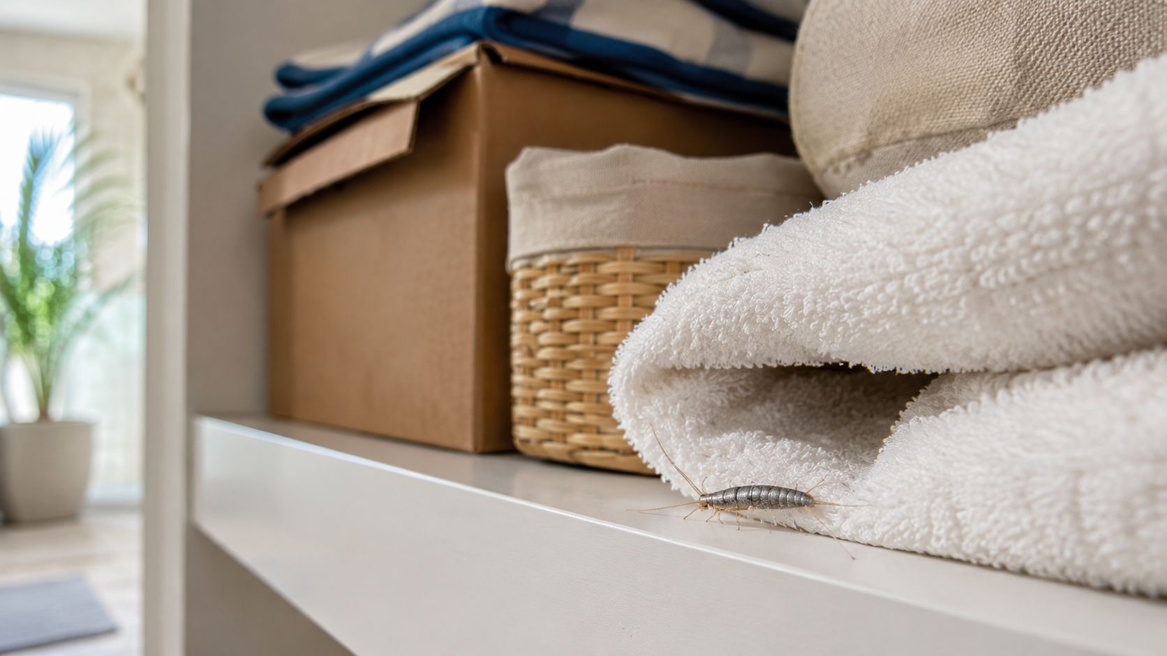 Silverfish hiding near towels and storage items in a South Florida home.
