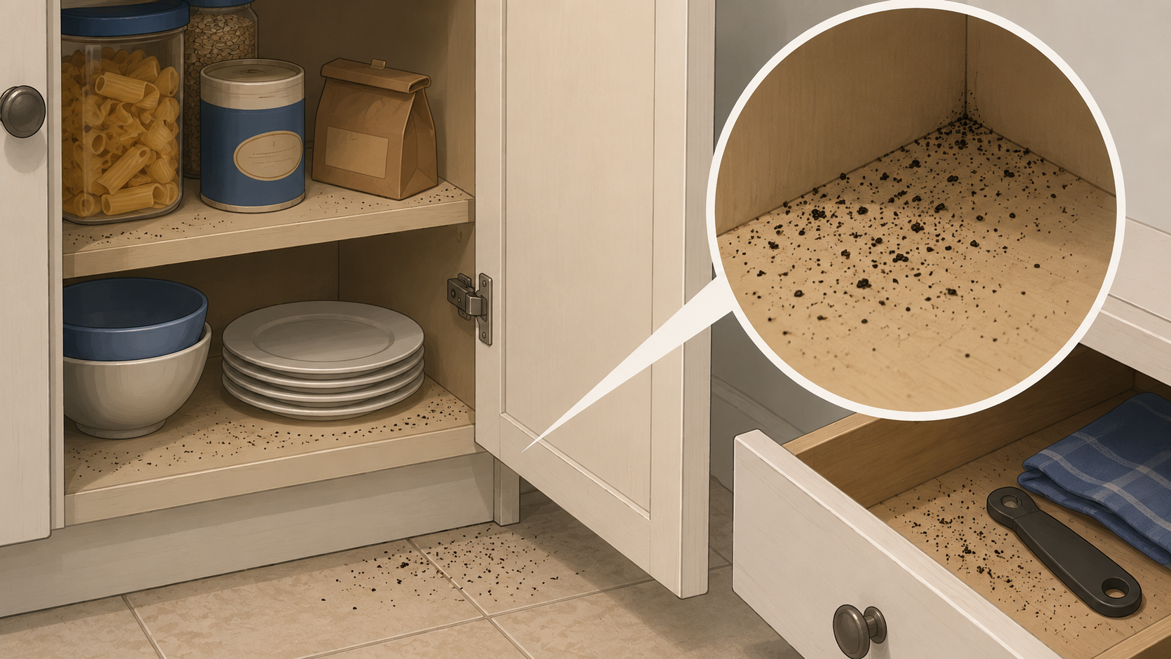 Cockroach droppings inside kitchen cabinets near pantry areas resembling black pepper specks
