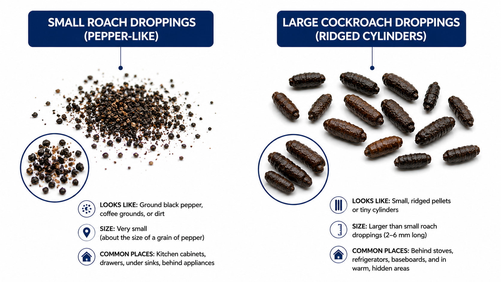Comparison of small and large cockroach droppings for identification