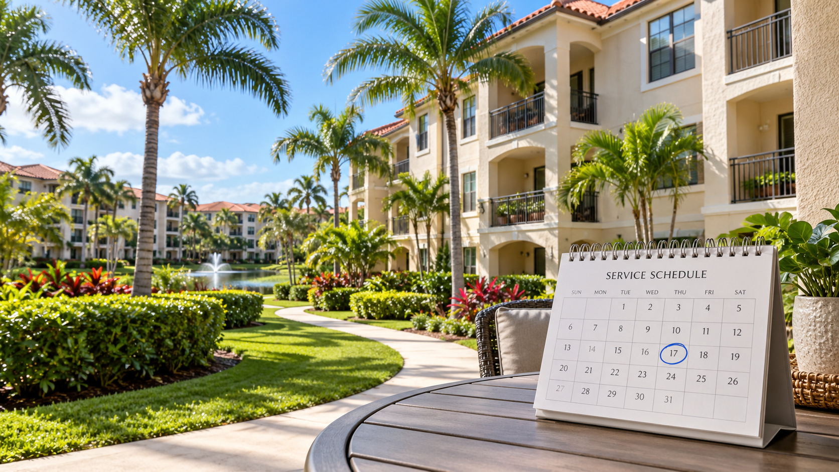 South Florida apartment complex with palm trees and a calendar showing a scheduled service date.