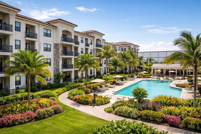 Apartment complex with a pool, palm trees, and landscaped gardens under a blue sky.