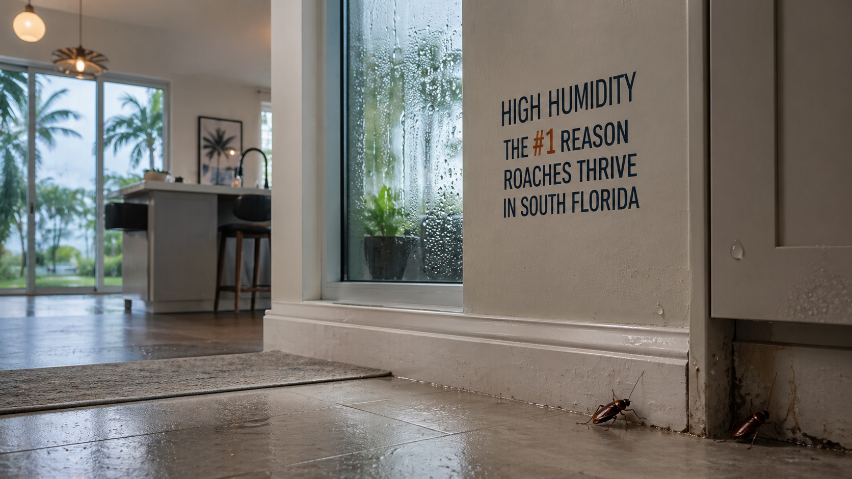 Cockroaches inside humid South Florida home with moisture buildup near baseboards
