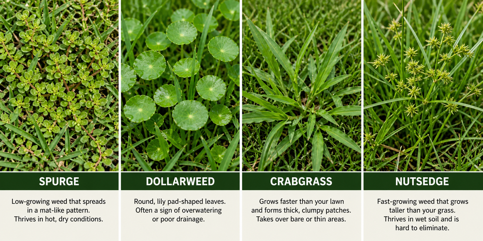 South Florida lawn weeds spurge, dollarweed, crabgrass, and nutsedge in Weston Florida grass