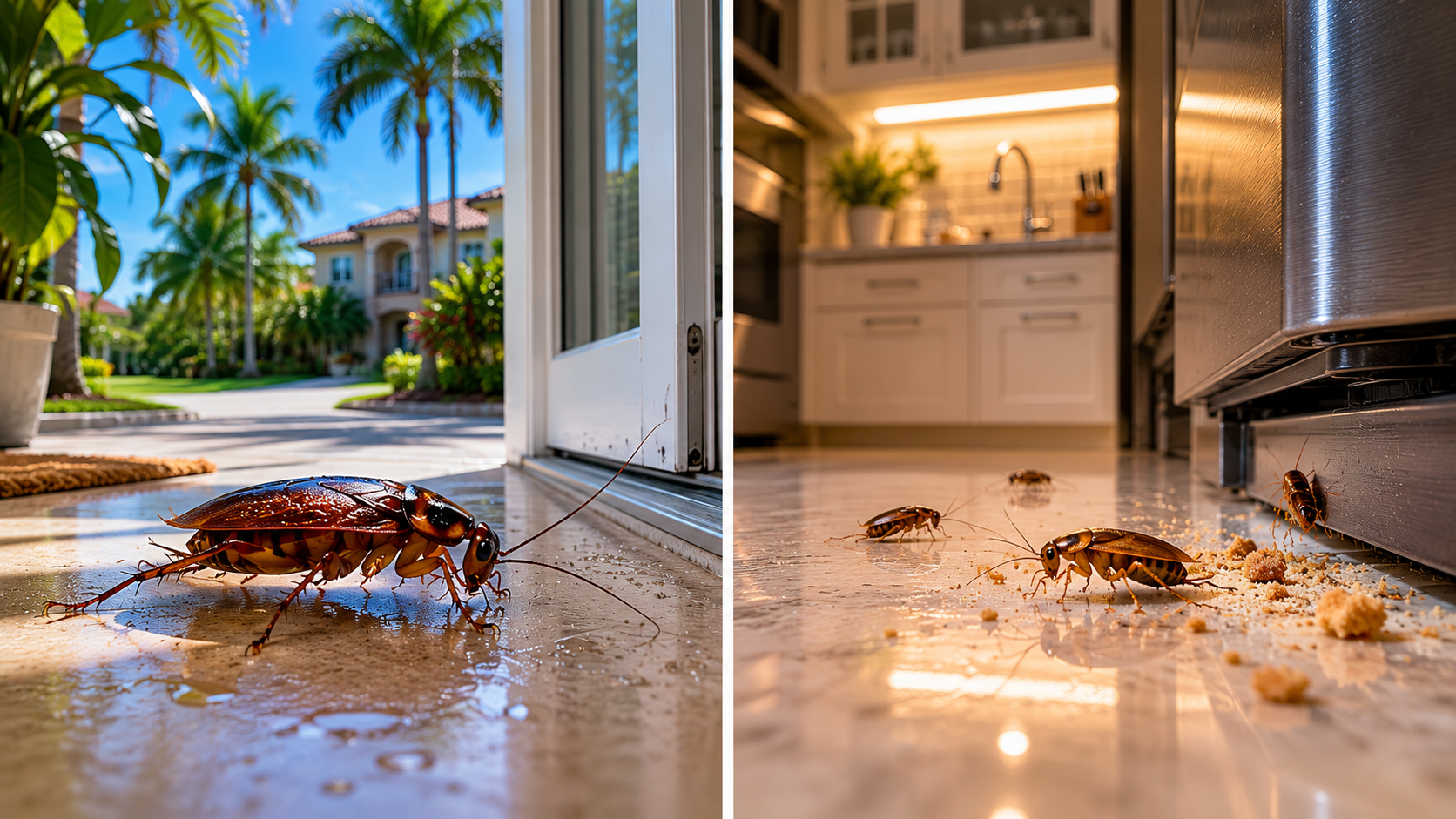 Palmetto bug and German roach infestation comparison in South Florida home.