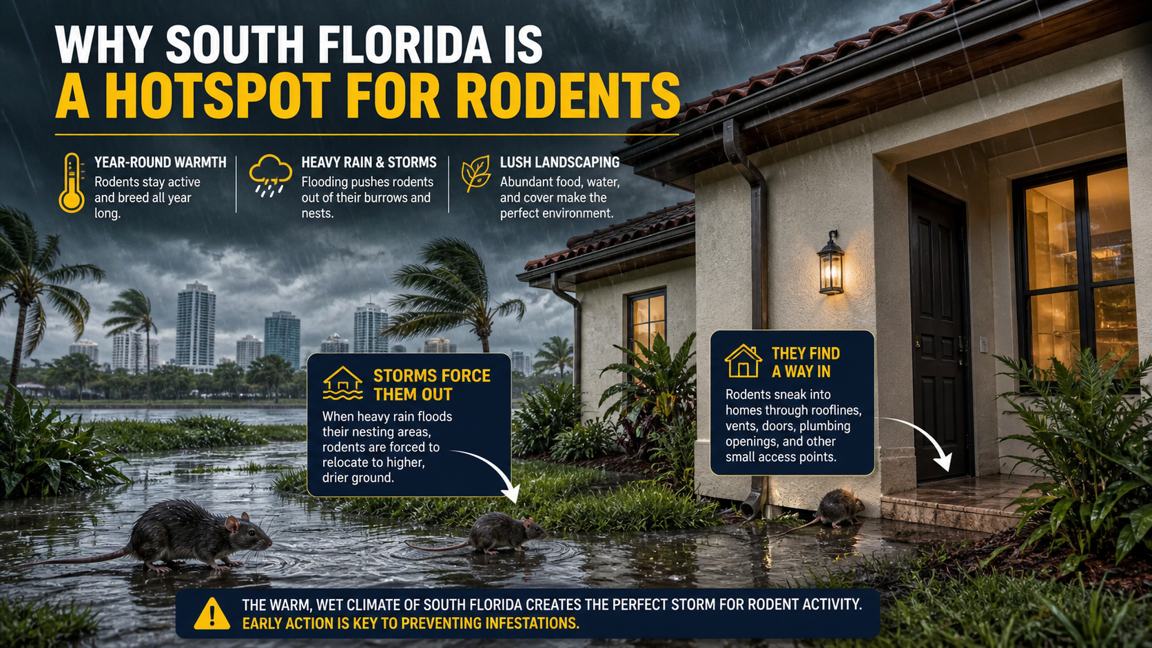Rodents entering a South Florida home during heavy rain showing how storms increase rodent activity and infestations