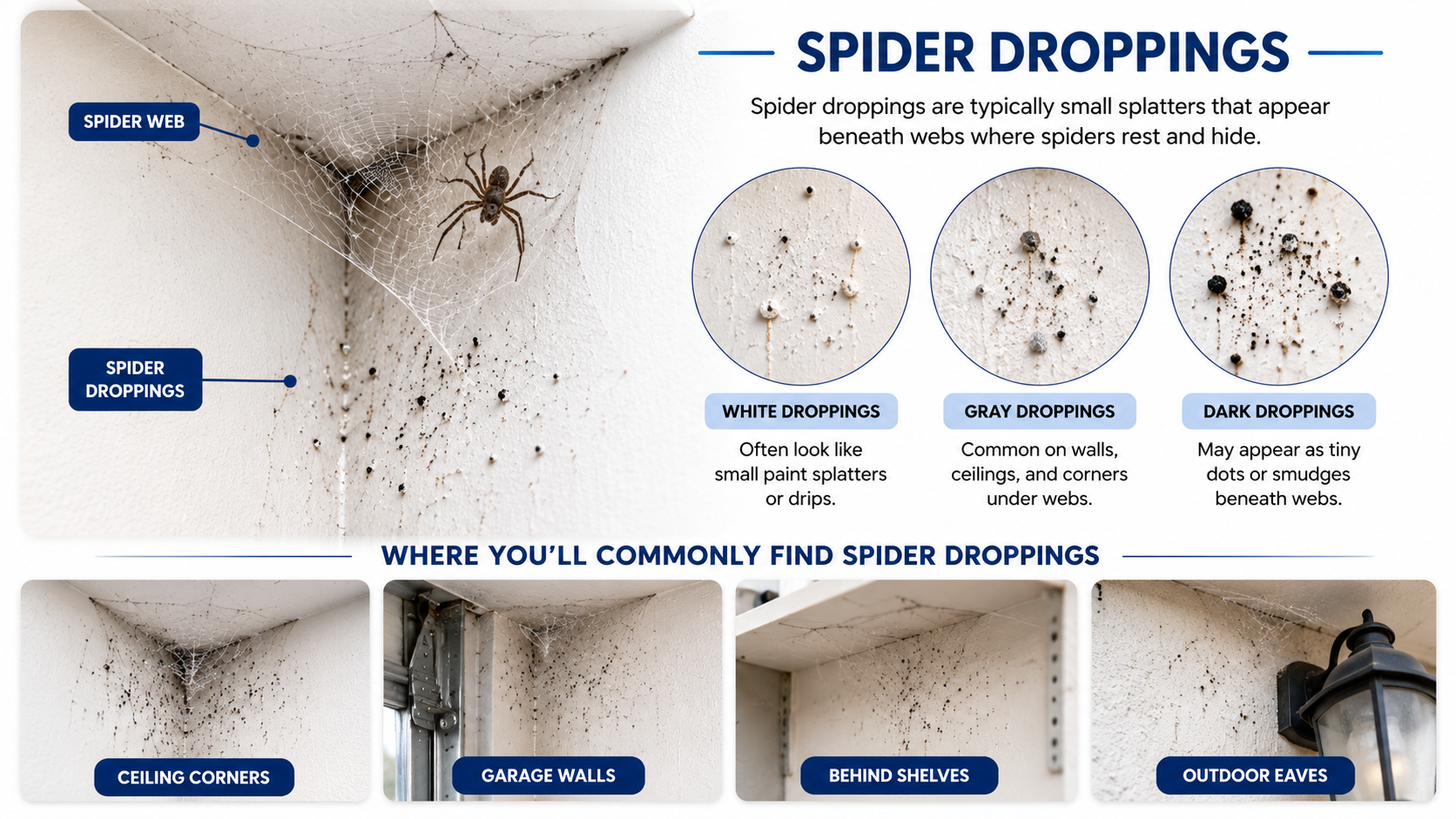 Illustration showing spider droppings beneath webs on walls and ceilings