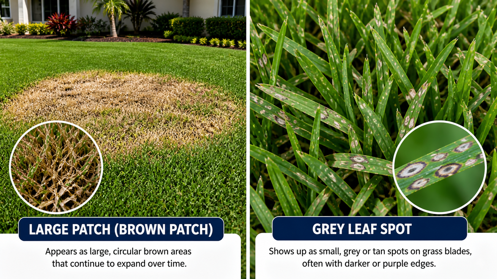 St Augustine grass disease in Weston Florida showing large patch and grey leaf spot damage