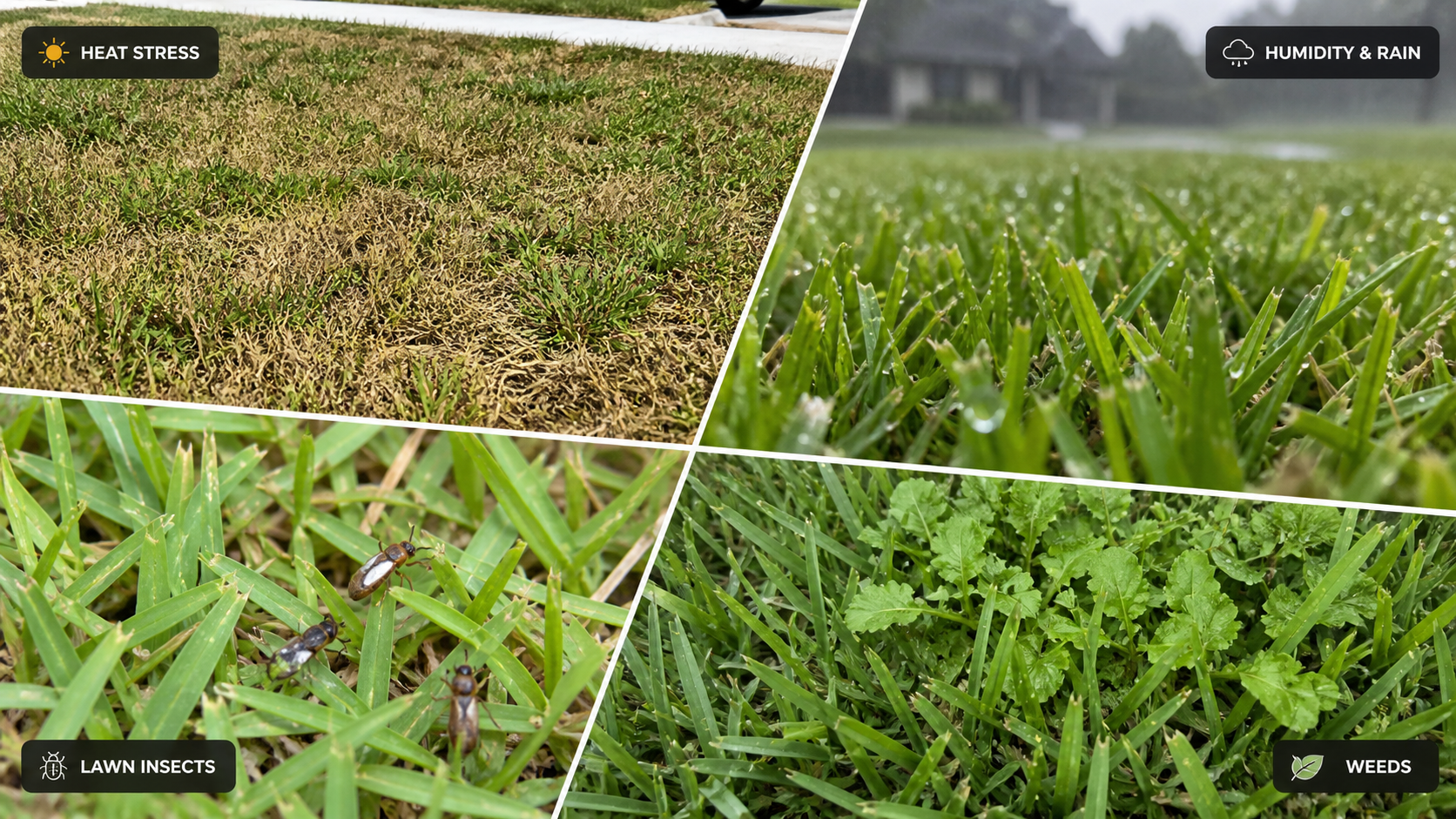 St Augustine grass damage in Weston Florida from heat stress, insects, weeds, and rain