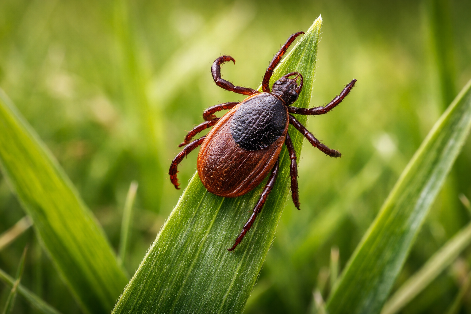 Tick on a green blade of grass, red-brown body, black head, and eight legs.