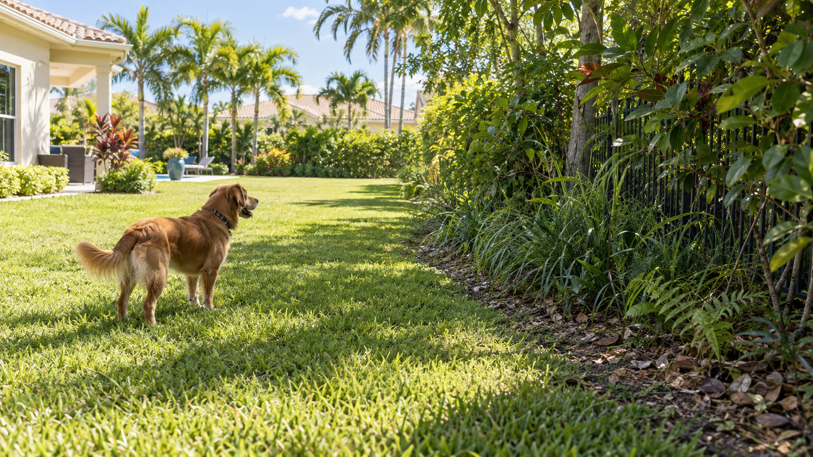 Dog standing on a maintained South Florida lawn beside a shaded border of dense vegetation.
