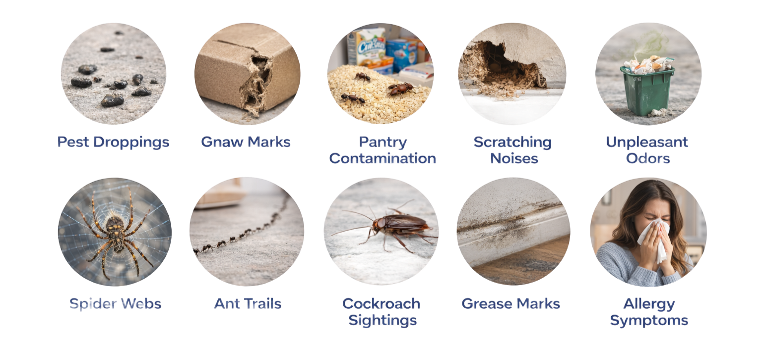 Top signs of pest infestation including droppings, ant trails, cockroaches, and rodents
