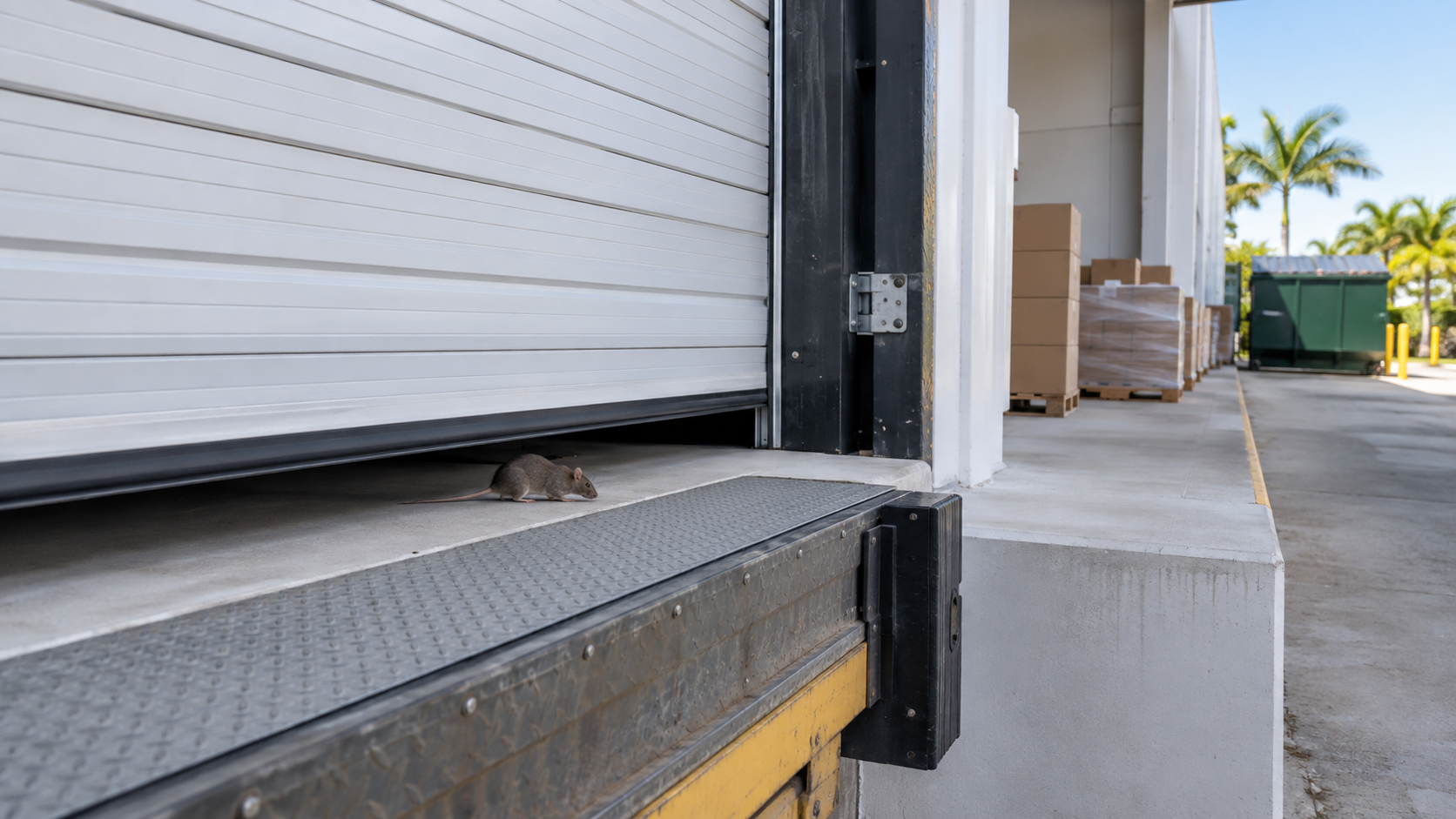 Rat entering a warehouse through a loading dock gap.