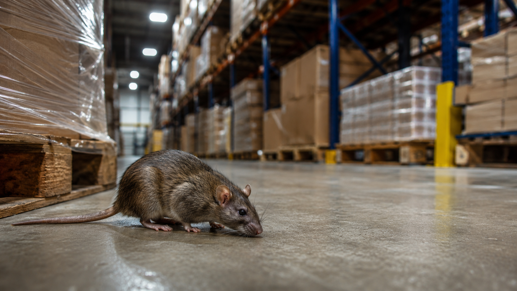 Rat inside a commercial warehouse storage area.