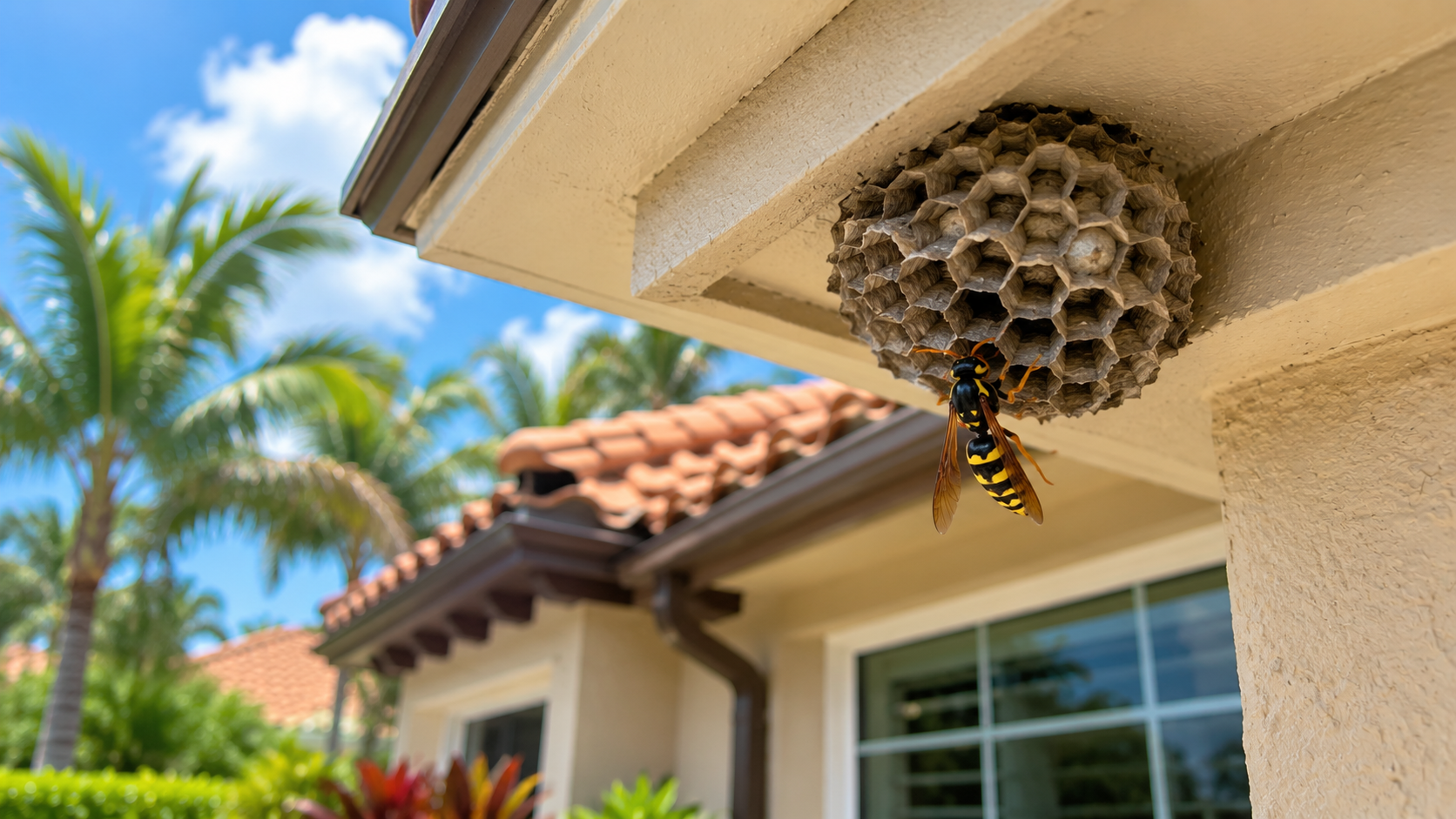 Paper wasp nest attached beneath the soffit of a South Florida home with an adult wasp entering the nest during the summer nesting season
